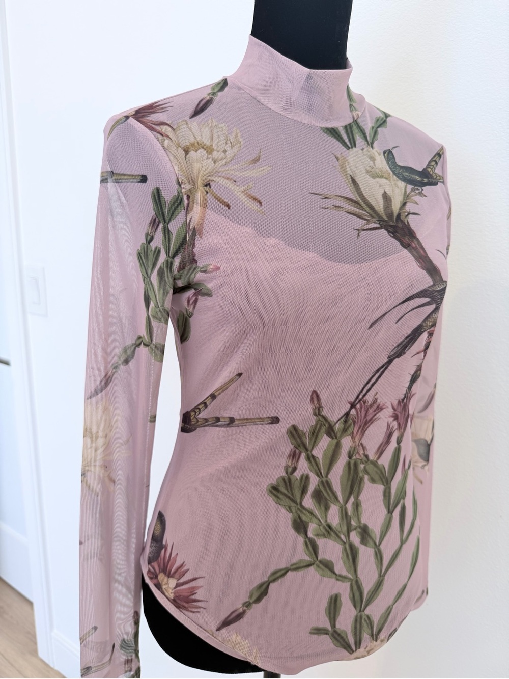 AllSaints Pink Sheer Floral & Bird Mock Neck Long Sleeve Bodysuit - Picture 12 of 14
